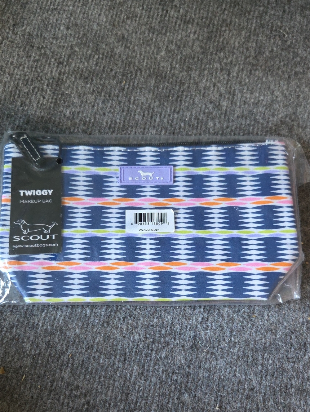 Scout Twiggy Makeup Bag in Navy with White, Orange, Green and Purple Accents